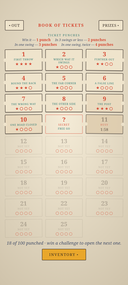 The book of tickets, one stub per challenge, punches earned