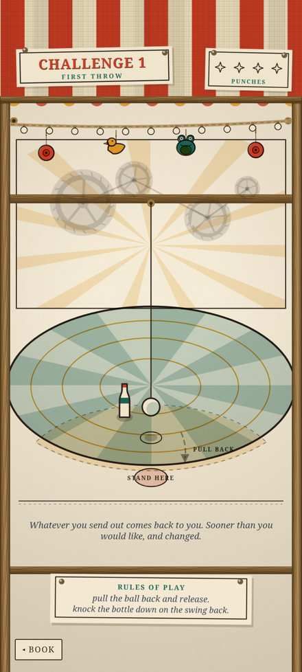 Challenge 1: pulling the ball back on its rope, the bottle waiting