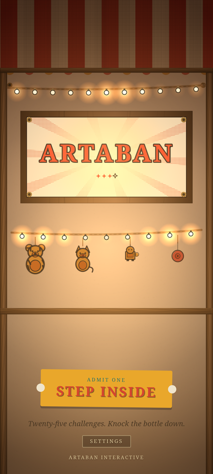 Artaban title screen: a hand-painted carnival banner under string lights